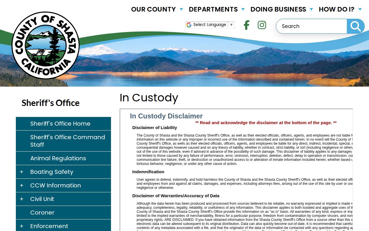 Shasta County released inmates current custody lookup path