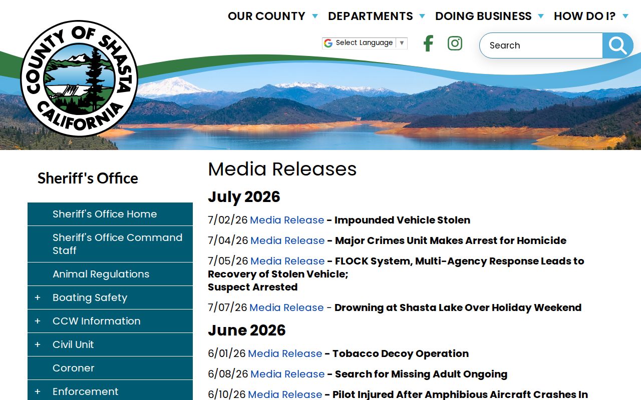 Shasta County Sheriff media releases for booking photo and release context