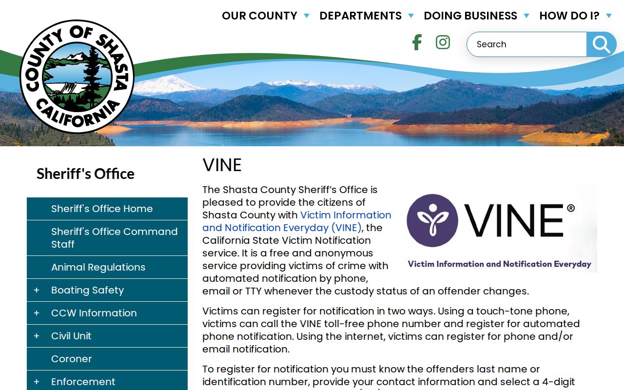 Shasta County VINE inmate check and release notification page